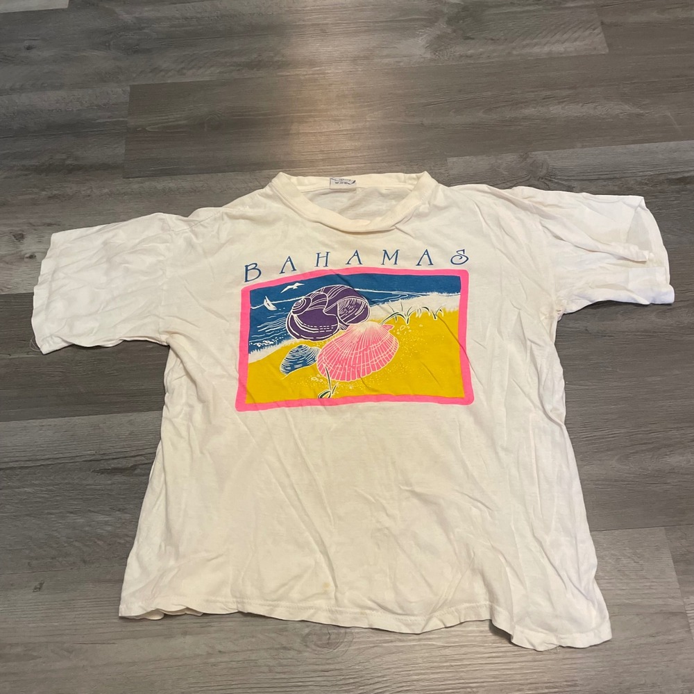Vintage Island Dreams Bahamas T Shirt Mens XL White Neon Shell Graphic 90s Beach